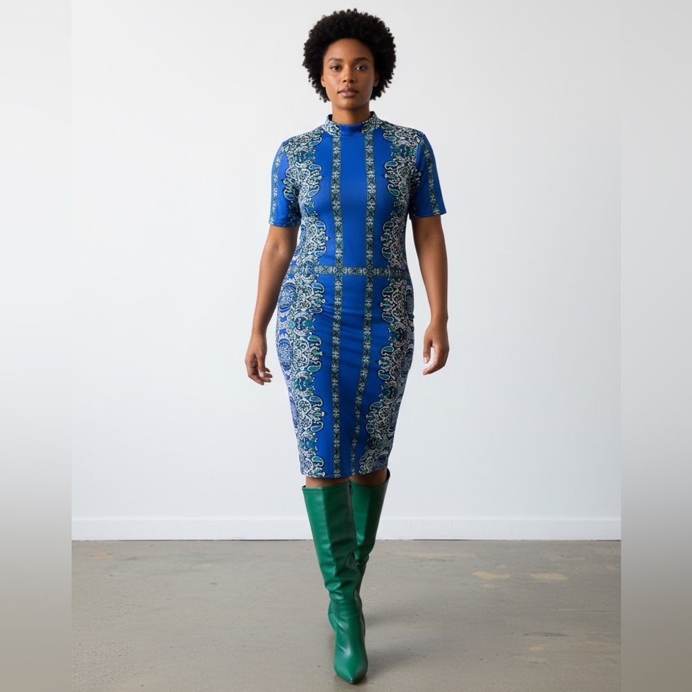 New York & Company Body Con Paisley Blue & Green Dress Womens XXL
